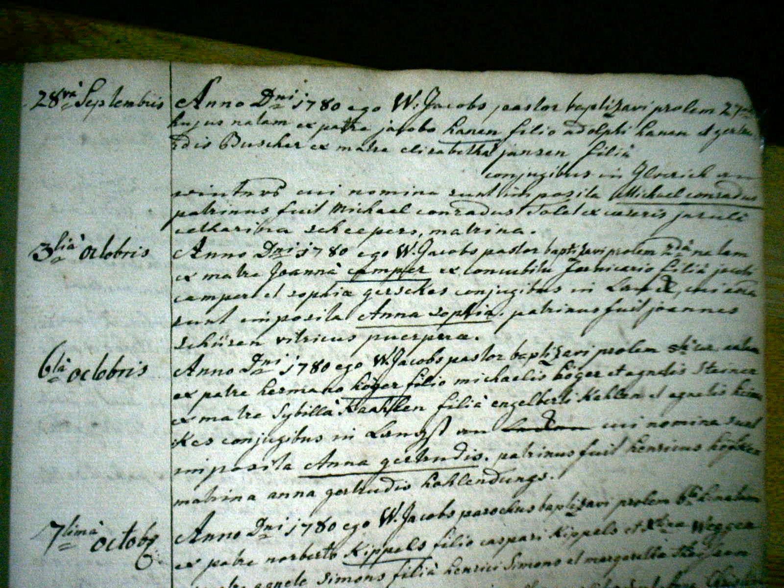 Hanen, Michael Conradus Geburtsurkunde 28.09.1780